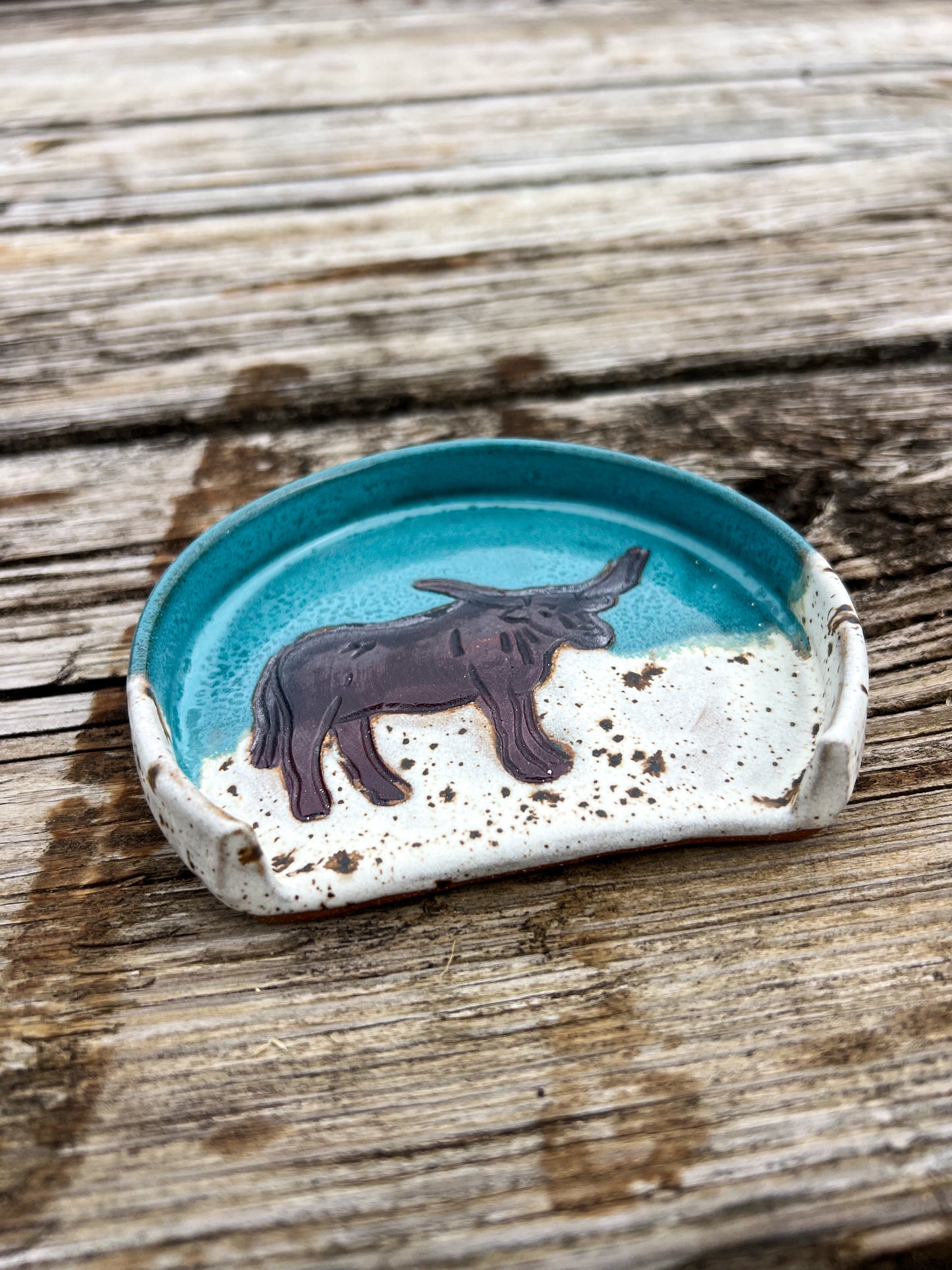 Long Horn Teal Speckled Spoon Rest