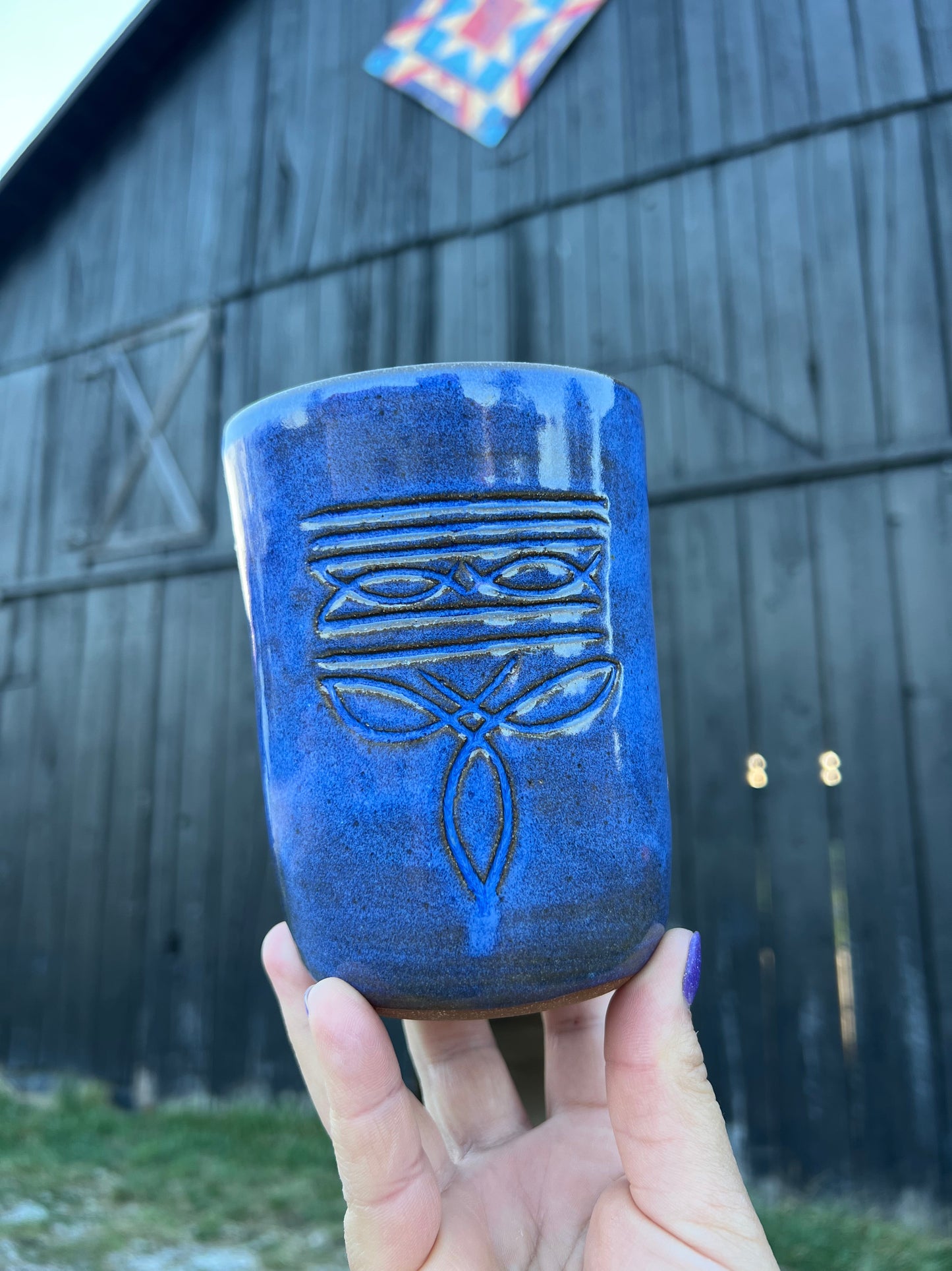 Boot Stitch Ceramic Tumbler Straw Sipper Blue