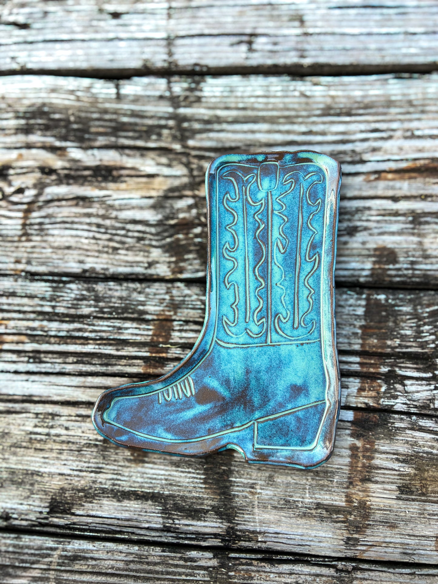 Large Western Cowboy Boot Trinket Dish Turquoise