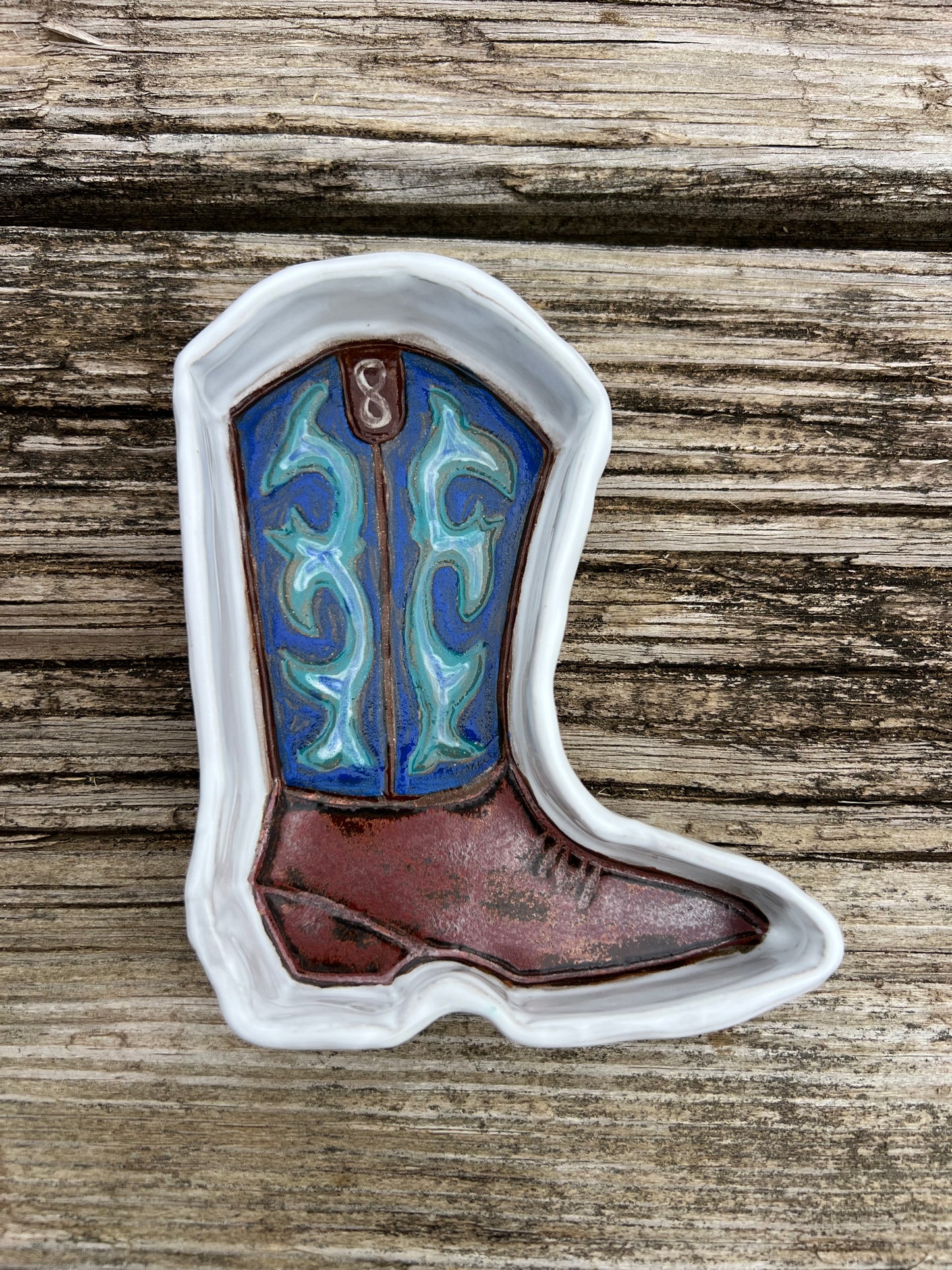 Western Cowboy Boot Trinket Dish Blue and White