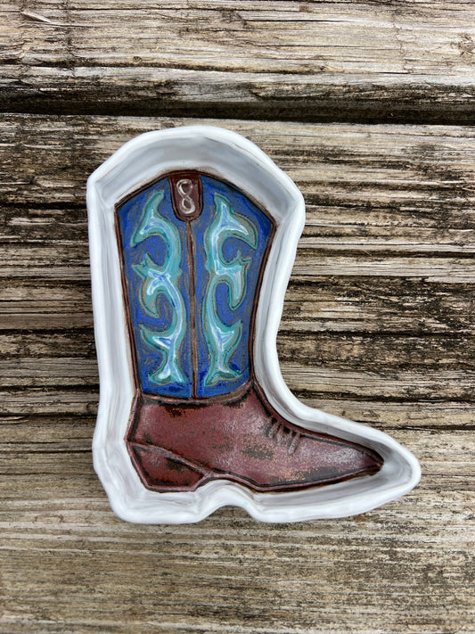 Western Cowboy Boot Trinket Dish Blue and White