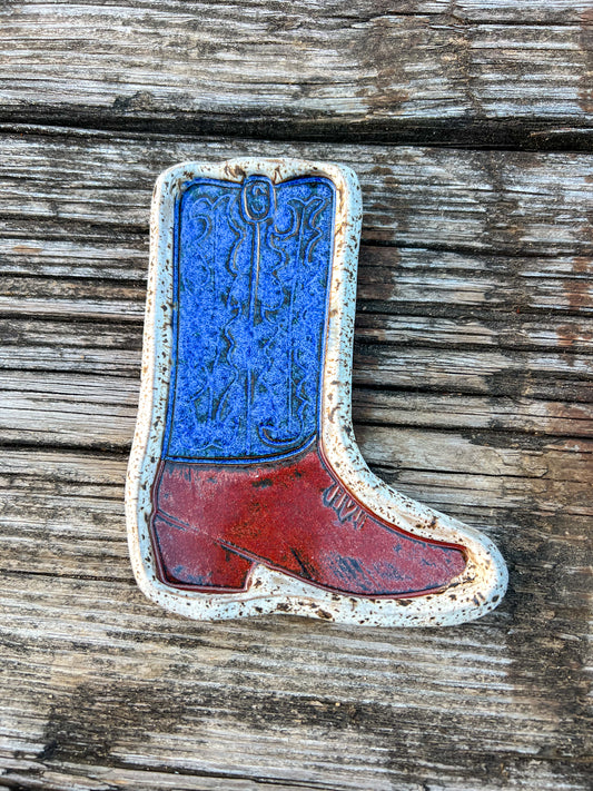 Western Cowboy Boot Trinket Dish Blue