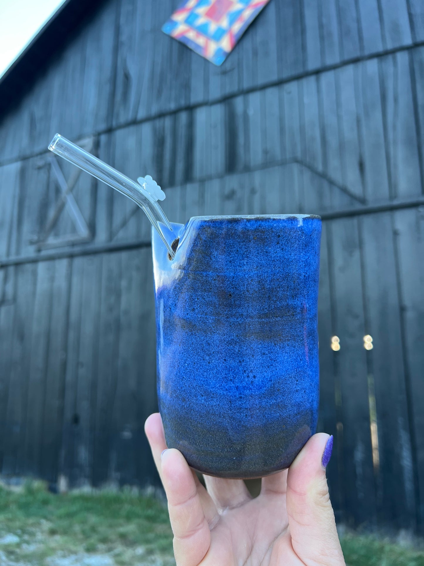 Boot Stitch Ceramic Tumbler Straw Sipper Blue