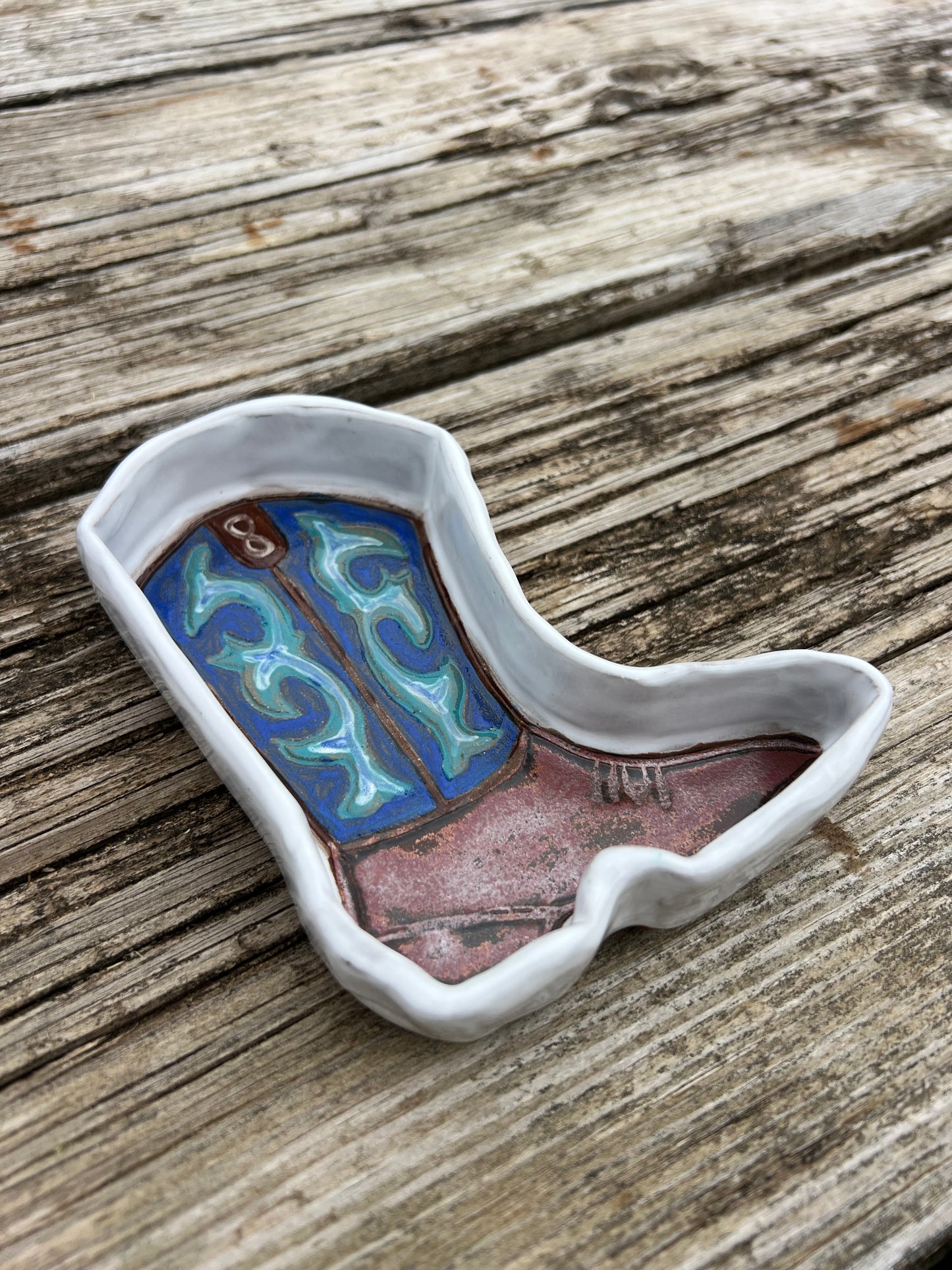 Western Cowboy Boot Trinket Dish Blue and White